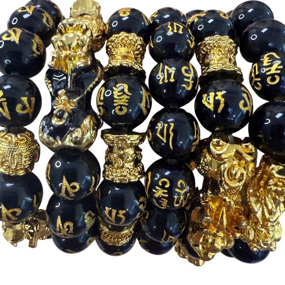 Feng Shui Pixiu Good Luck Bracelet Set Of 6 Stacking Black Beads With Gold - Picture 1 of 4